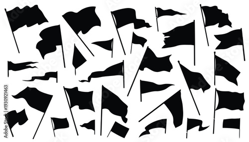 Assortment of black silhouette flags in motion