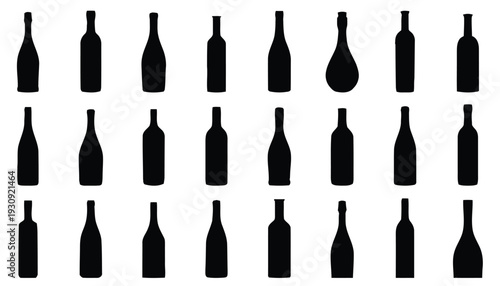 Assortment of black silhouette bottles for wine, beer, spirits, and beverages, various shapes and sizes