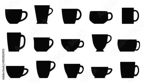 Wallpaper Mural Assortment of black silhouette illustrations of various mugs and cups without saucers on a white background Torontodigital.ca