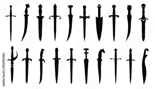 assortment of black silhouette swords and daggers