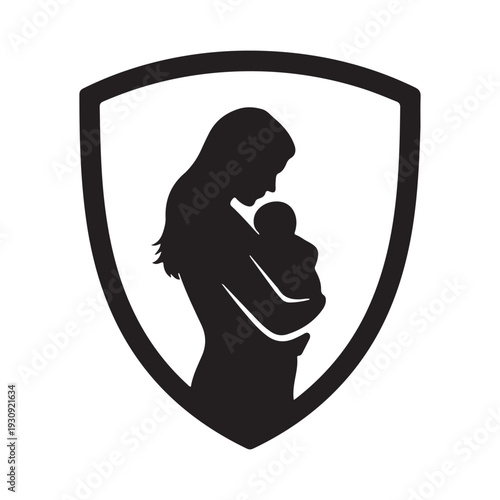 Mother and baby inside shield silhouette vector illustration, family protection concept logo, safe motherhood symbol, minimal black parenting icon isolated on white background