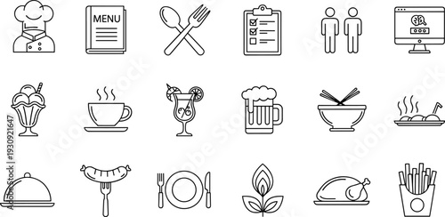 Set of thin line restaurant icons featuring chef menu cutlery food and drink symbols for cafe catering or kitchen branding
