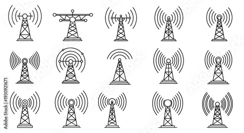 Collection of various cell towers and signal transmission icons.