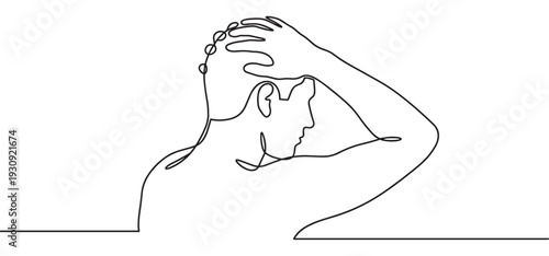 Continuous line drawing of a man with his hand on his head, illustrating deep thought, contemplation, or stress.