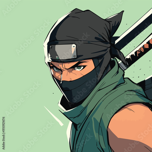 Flat vector illustration of a ninja in Japanese anime style
