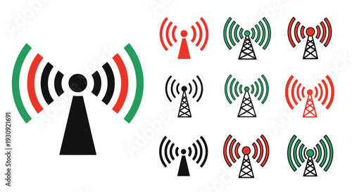 Telecommunication towers with signal waves in various colors.