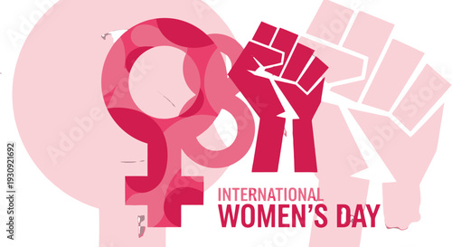 International Women's Day illustration with female symbol and raised fist.