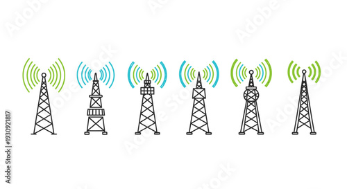 Telecommunication towers with wireless signal transmission.