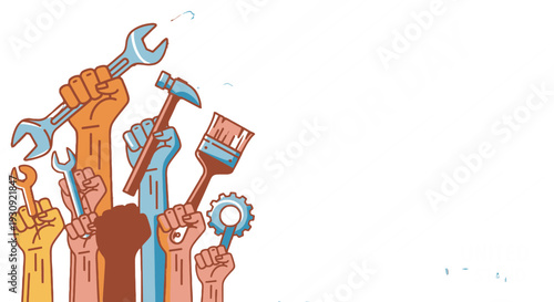 Diverse hands holding various tools and equipment together.