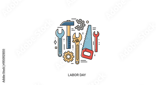 Labor Day illustration with various tools and gears.