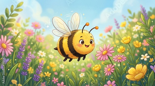 Cheerful cartoon bee flying in a colorful garden surrounded by flowers.