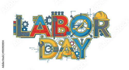 Labor Day celebration with industrial elements and hard hat.