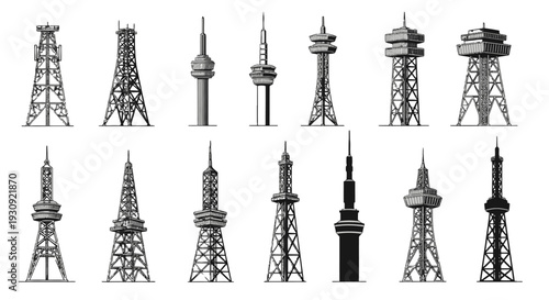 Collection of various communication towers and broadcasting masts in different designs.