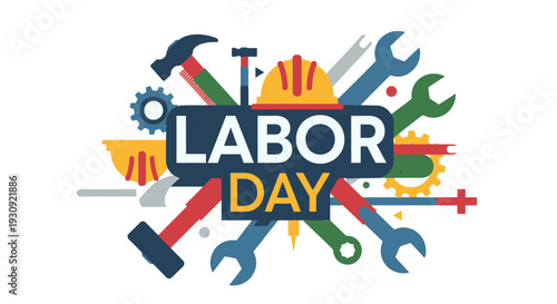 Labor Day celebration with various tools and hard hat.