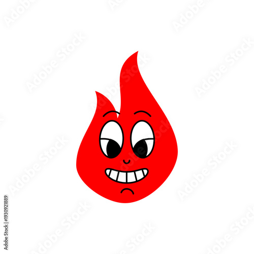 Cartoon red flame with awkward smile and side glance. Funny fire character with comic facial expression