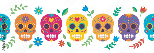 Colorful sugar skulls decorated with flowers and leaves form a vibrant festive border pattern for celebrations.