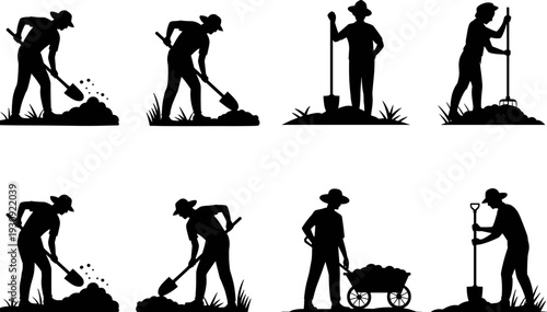Set of black silhouettes featuring male farmers and gardeners digging with shovels and using wheelbarrows for agricultural work on an isolated white background for SEO