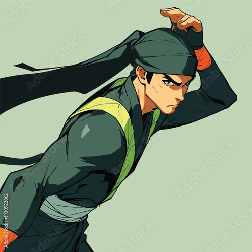 Flat vector illustration of a ninja in Japanese anime style