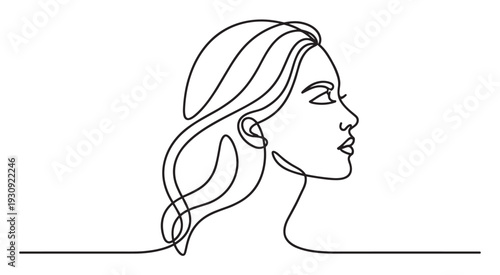 Woman's profile drawn with a single continuous line art style, showcasing minimalist beauty and elegant simplicity in a modern illustration.
