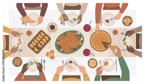 Diverse group of people, friends and family, are enjoying a festive holiday meal together around a beautifully set dining table.