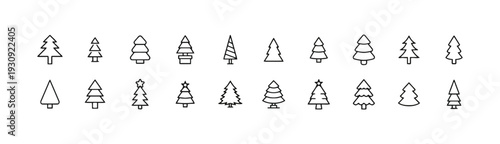 Assortment of simple line art icons representing different styles of Christmas trees and evergreens