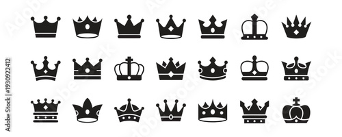 Assortment of solid black crown icons representing royalty and power