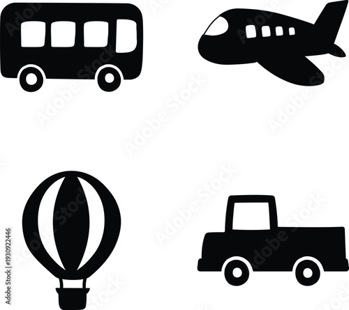 Transportation silhouette doodle cartoon children style. Silhouette collection of plane, ballon air, bus, and truck vector isolated clip art for asset, design, book, icon, illustration