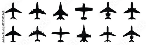 Assortment of twelve different airplane silhouettes top view for travel themes