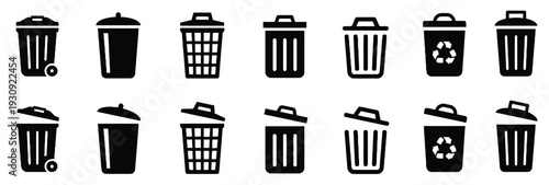 Assortment of twelve trash can and garbage bin icons with lids open and closed
