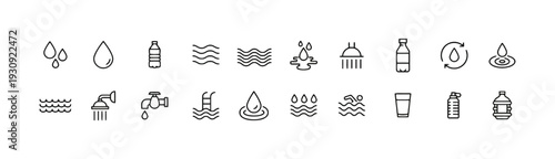 Assortment of water related icons showing drops, waves, bottles, showers, taps, pool, and glass