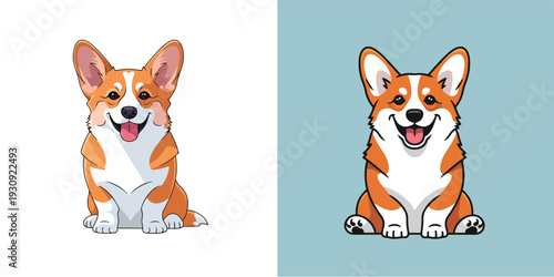 A cute corgi sitting and smiling, flat design, single design, vector illustration, white background, solid color palette, minimal shading