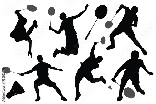 Badminton player silhouettes in dynamic action poses with equipment