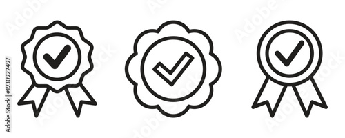Award ribbons and badges with checkmarks symbolizing quality, approval, and certification