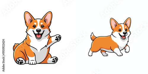 A cute corgi walk and smiling, flat design, single design, vector illustration, white background, solid color palette, minimal shading