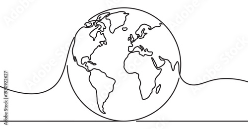 Earth globe continuous line drawing illustration representing global connection and environmental sustainability concepts.