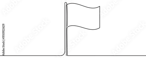 Simple continuous line drawing flag on flagpole waving gently, representing concepts of achievement and success.
