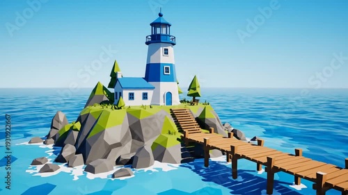 Wallpaper Mural Low poly lighthouse island with dock in blue ocean Torontodigital.ca