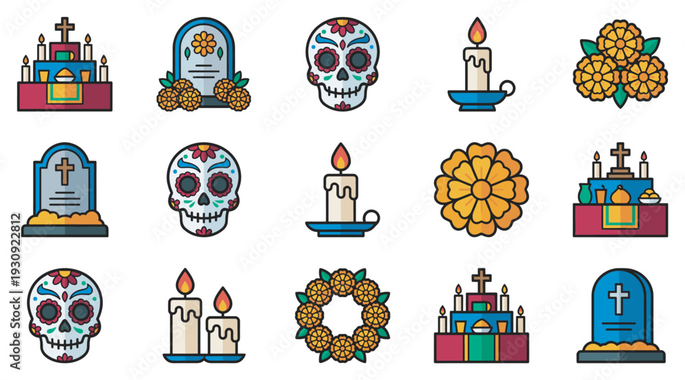 Fototapeta premium Day of the Dead icons featuring sugar skulls, marigolds, candles, and traditional altars in a vibrant flat design style.