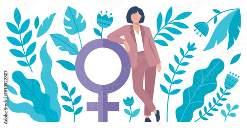 Confident professional woman leans on a prominent female gender symbol amidst vibrant botanical illustrations.