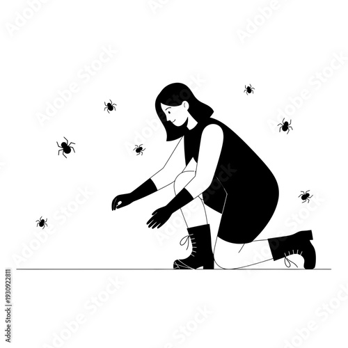 Woman Interacting With Spiders Illustration Minimalist Style