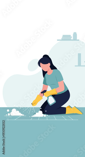 Woman Kneeling Cleaning Floor Surface With Spray Bottle And Gloves