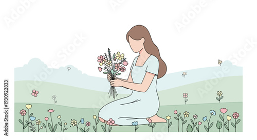 Woman Kneeling In Field Gathering A Beautiful Bouquet Of Wildflowers