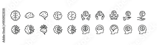Brain and artificial intelligence icons vector set, representing mind technology and cognition