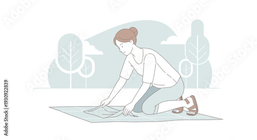 Woman Kneeling Outdoors Folding A Blanket For A Picnic
