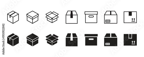 Box icons representing packaging and shipping, available in outline and solid fill styles