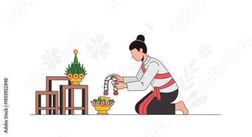 Woman Kneeling While Holding Garland: Symbolic Presentation And Cultural Ceremony