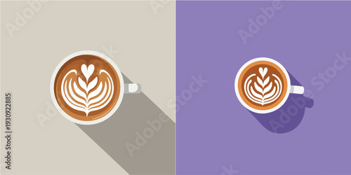 A set of modern coffee cup with latte art, flat design, single object, vector illustration, isolated on white background, solid colours, minimalist style.