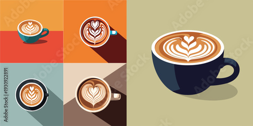 A set of modern coffee cup with latte art, flat design, single object, vector illustration, isolated on white background, solid colours, minimalist style.