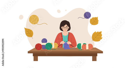 Woman Knitting with Yarn Balls and Autumn Leaves Crafting Creative Project Hobby