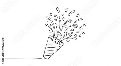 Simple Line Drawing of a Party Popper Exploding with Confetti